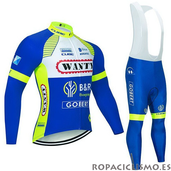 2021 Maillot Wanty-Gobert Cycling Team Tirantes Mangas Largas Azul Blanco Amarillo